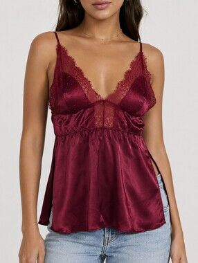 Victoria's Secret Satin Lace Babydoll Cami Top Side Slit Y2K Coquette Burgundy S